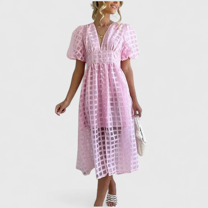 Women's elegant midi dress. Chic, versatile for party, wedding guest, casual, or formal. Perfect spring/summer style.