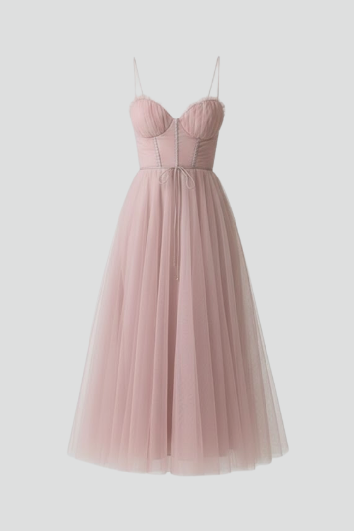 Elegant women's midi dress with a sweetheart neckline and layered skirt, perfect for special occasions.