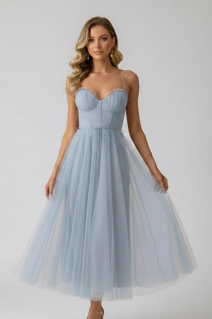 Elegant women's sweetheart midi dress with a layered skirt, ideal for wedding guests & formal wear.