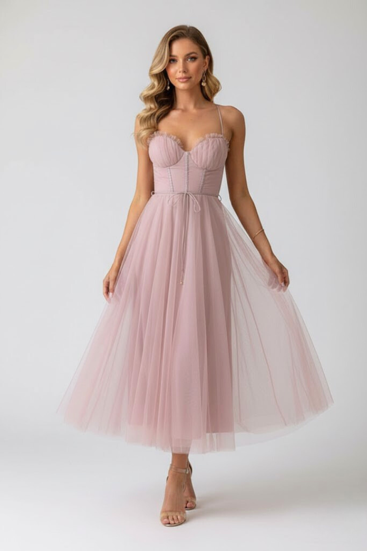 Stylish women's midi dress, sweetheart neckline, layered skirt. Ideal for wedding guests & formal events.