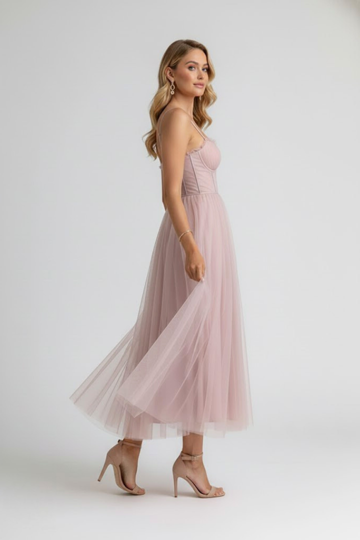 Elegant women's layered midi dress with sweetheart neck, perfect formal wear or cocktail party dress.