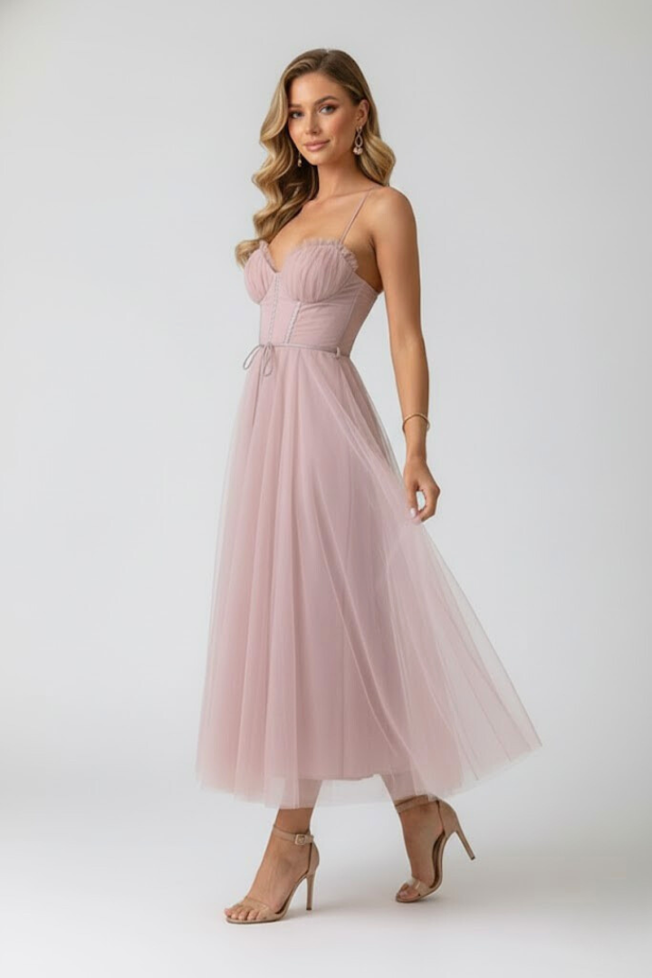 Women's elegant midi dress, sweetheart neckline, flowing layered skirt. Ideal for parties & special events.