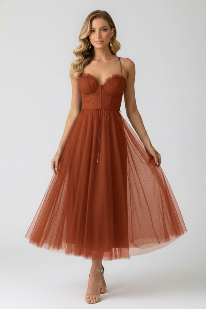 Midi dress for women with elegant layered skirt & sweetheart neckline. Perfect party or wedding guest attire.