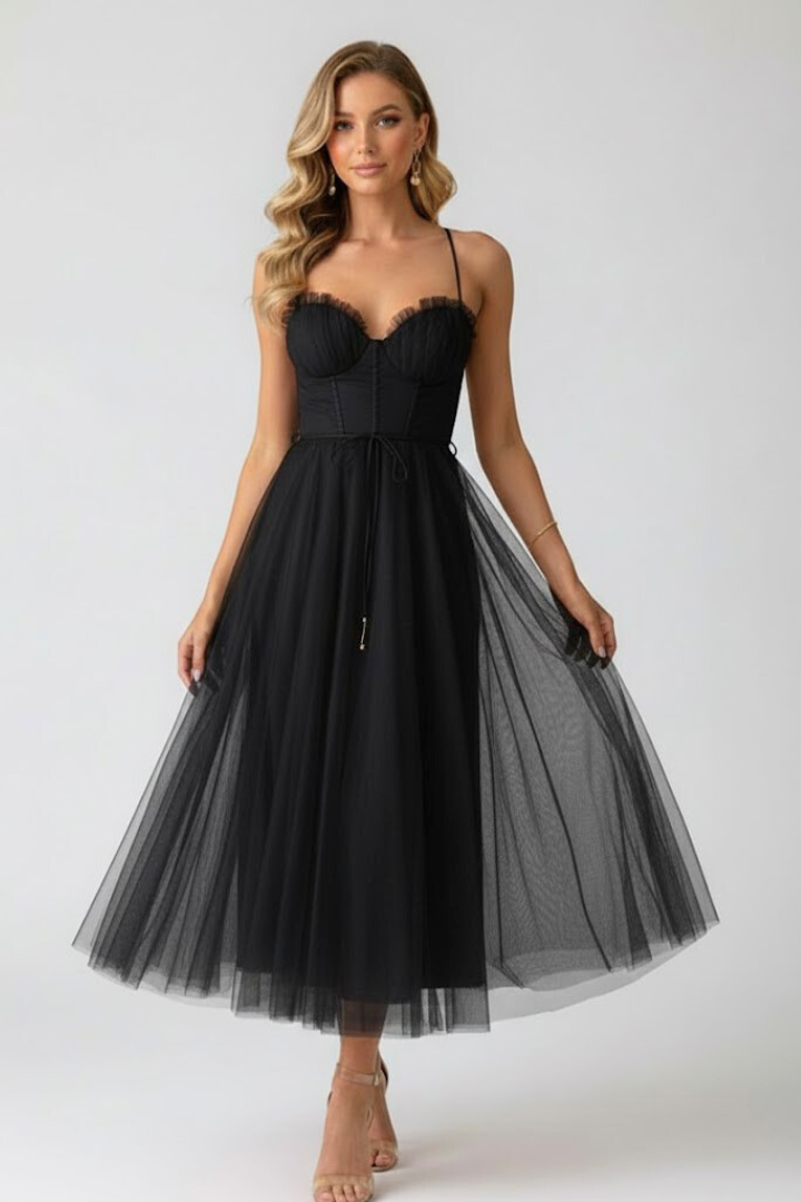 Beautiful women's midi dress, elegant layered skirt, sweetheart neckline. Ideal for special occasions.