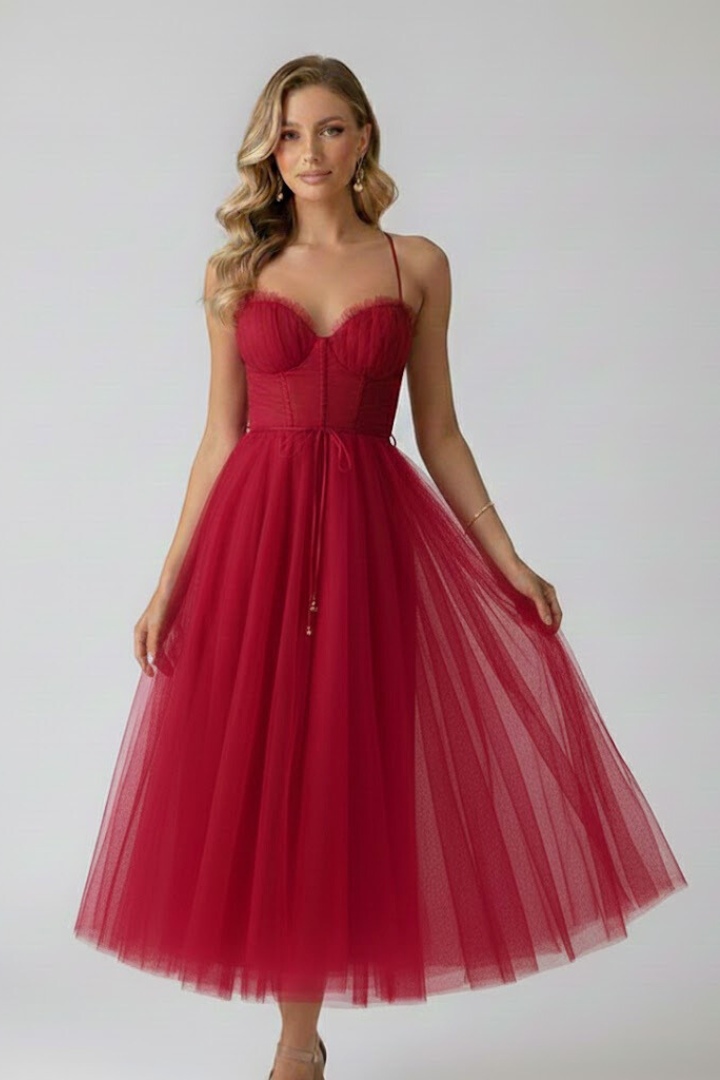 Women's elegant layered sweetheart midi dress. Perfect as a wedding guest, cocktail, or party dress.