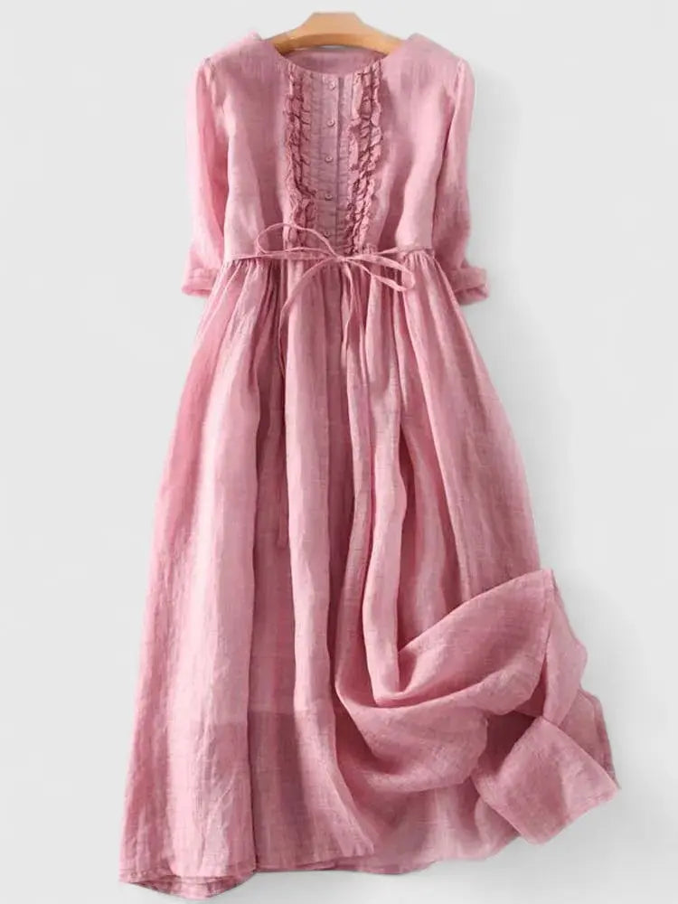 Comfortable A-line midi dress for women, featuring elegant lace-up front, ideal for casual elegance or special occasions.