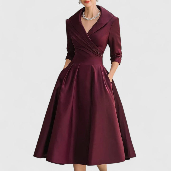 Flowy women's elegant midi dress, perfect for evening wear or office. Flattering fit & 3/4 sleeves.