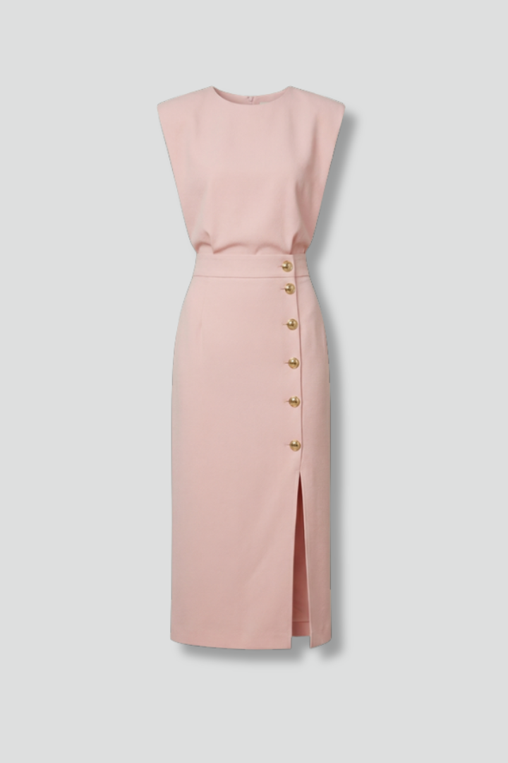 Elegant women's midi dress with round neck and stylish button slit, perfect for spring/summer events.