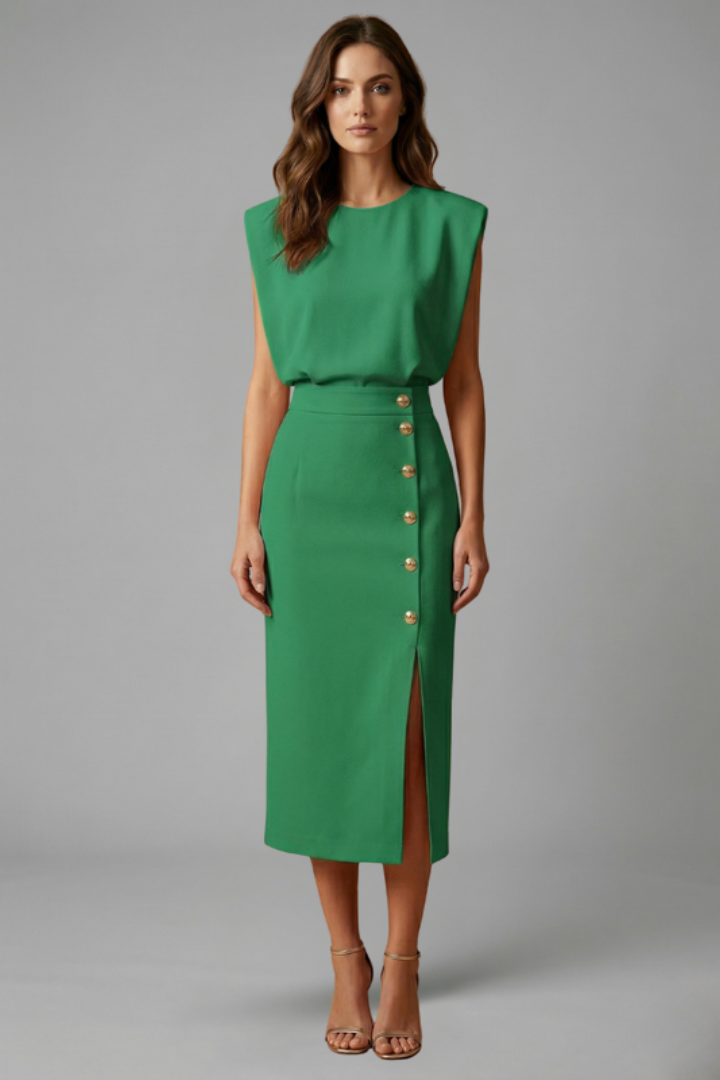 Flattering women's midi dress, round neck, sleeveless, with an elegant button slit enhancing the silhouette.