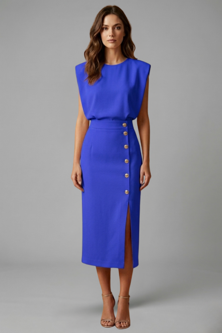 Sleek women's cocktail midi dress, round neck, sleeveless, with a classy button slit for evening events.