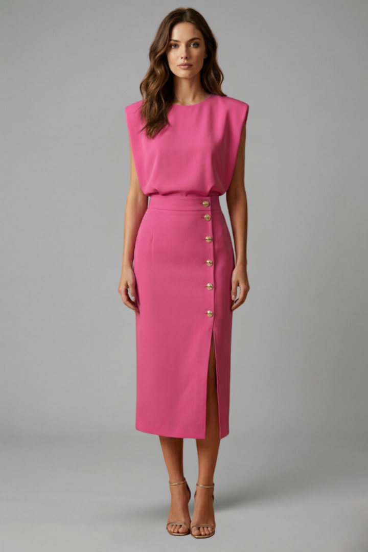 Everyday chic women's midi dress, round neck, sleeveless, with a subtle button slit for a refined look.