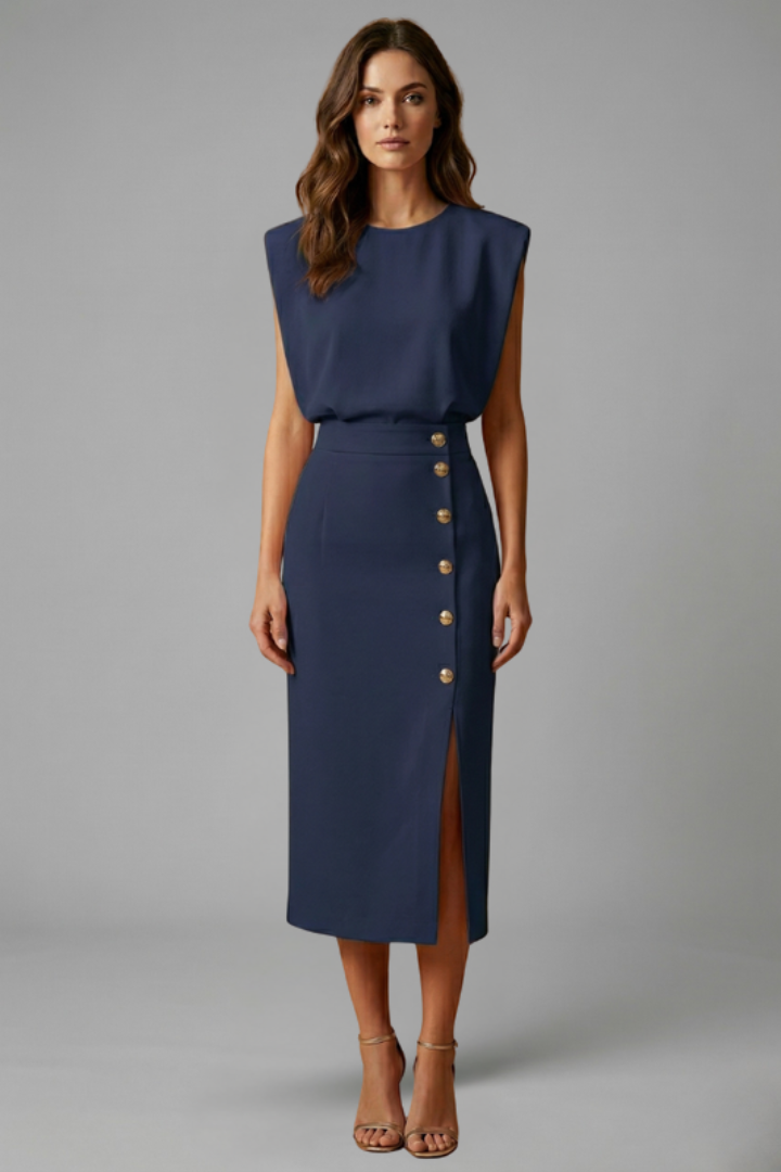 Fresh spring women's midi dress, round neck, sleeveless, with a modern button slit, perfect for new season style.