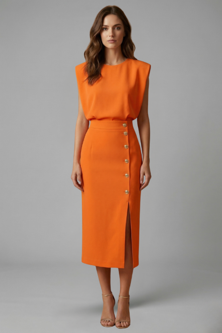 Women's elegant midi dress, featuring a comfortable round neck, sleeveless design, and a stylish button slit.