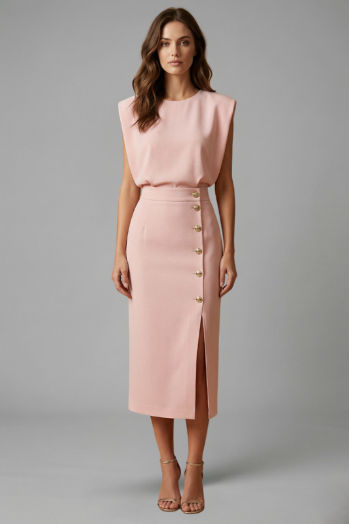 Versatile women's midi dress, sleeveless with a round neck and button slit, suitable for day-to-night wear.