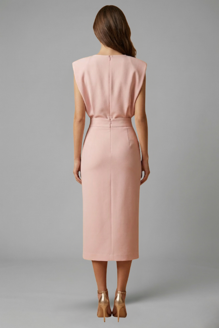 Stylish women's midi dress, sleeveless, with a classic round neck and a unique button slit detail.