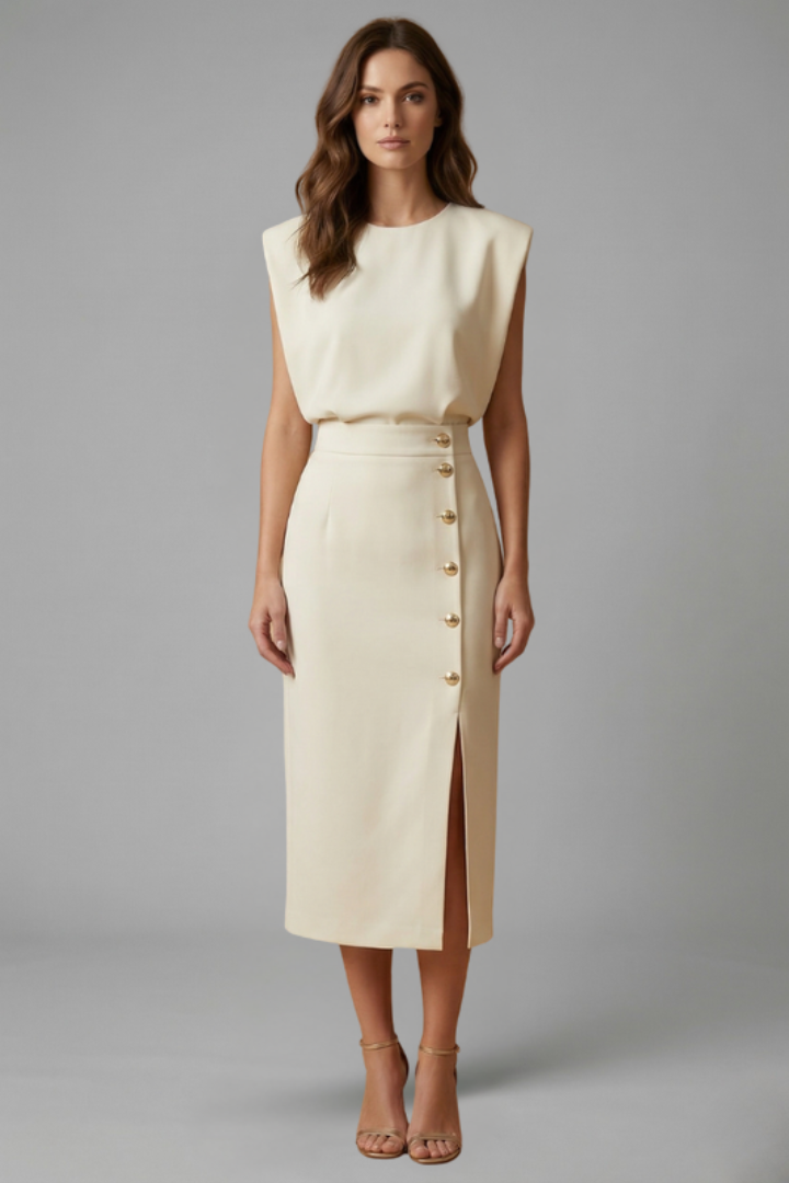 Professional yet chic women's midi dress, round neck, sleeveless, with a tasteful button slit for office or events.