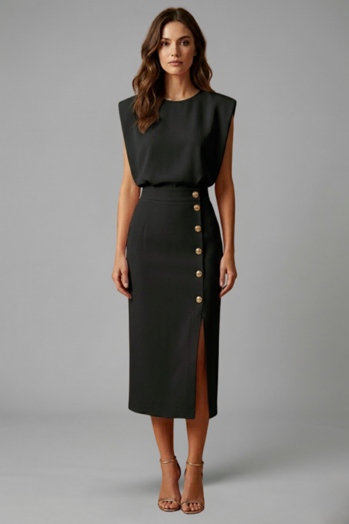 Fashionable women's midi dress, round neck design, sleeveless, with an on-trend button slit detail.