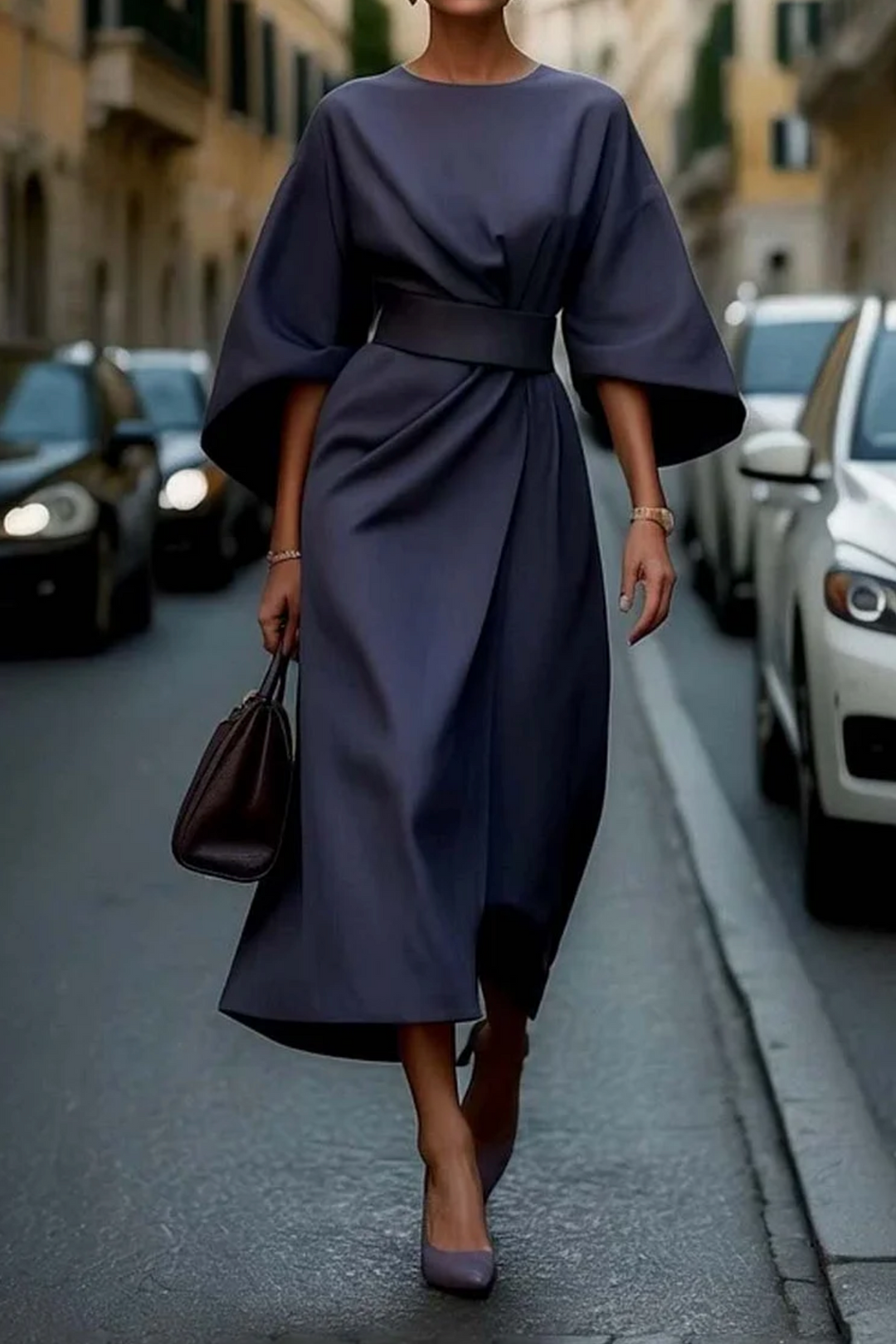 Versatile belted midi dress for women, featuring wide sleeves & round neck, ideal for spring & summer style.