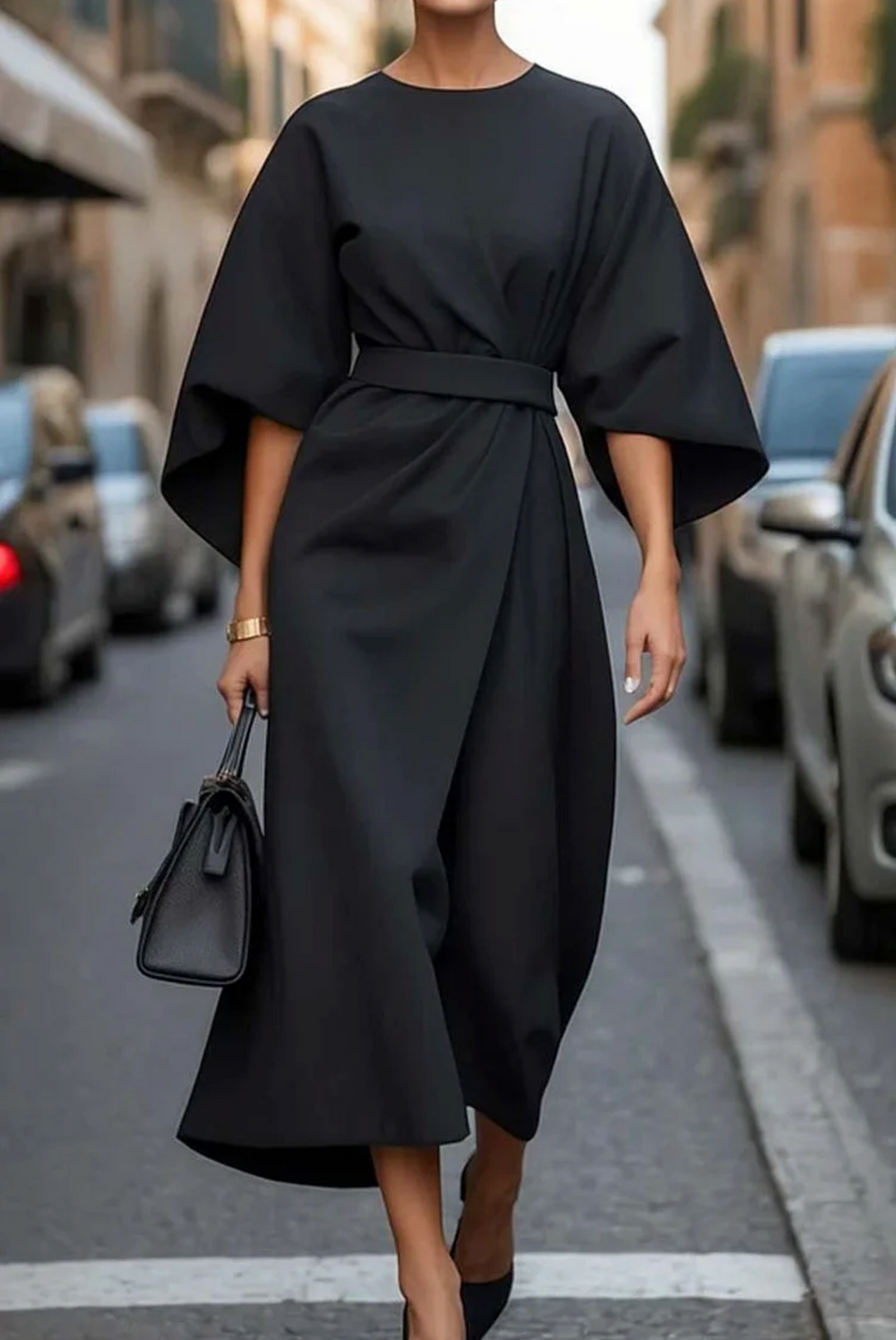 Woman modeling an elegant belted midi dress with wide sleeves & round neck, showcasing a flattering silhouette.