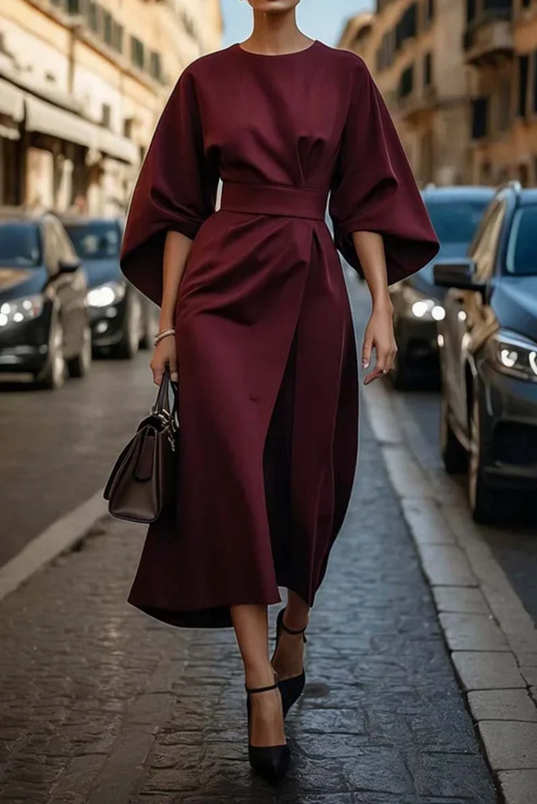 Flattering women's A-line midi dress, belted for definition, with fashionable wide sleeves & classic round neck.