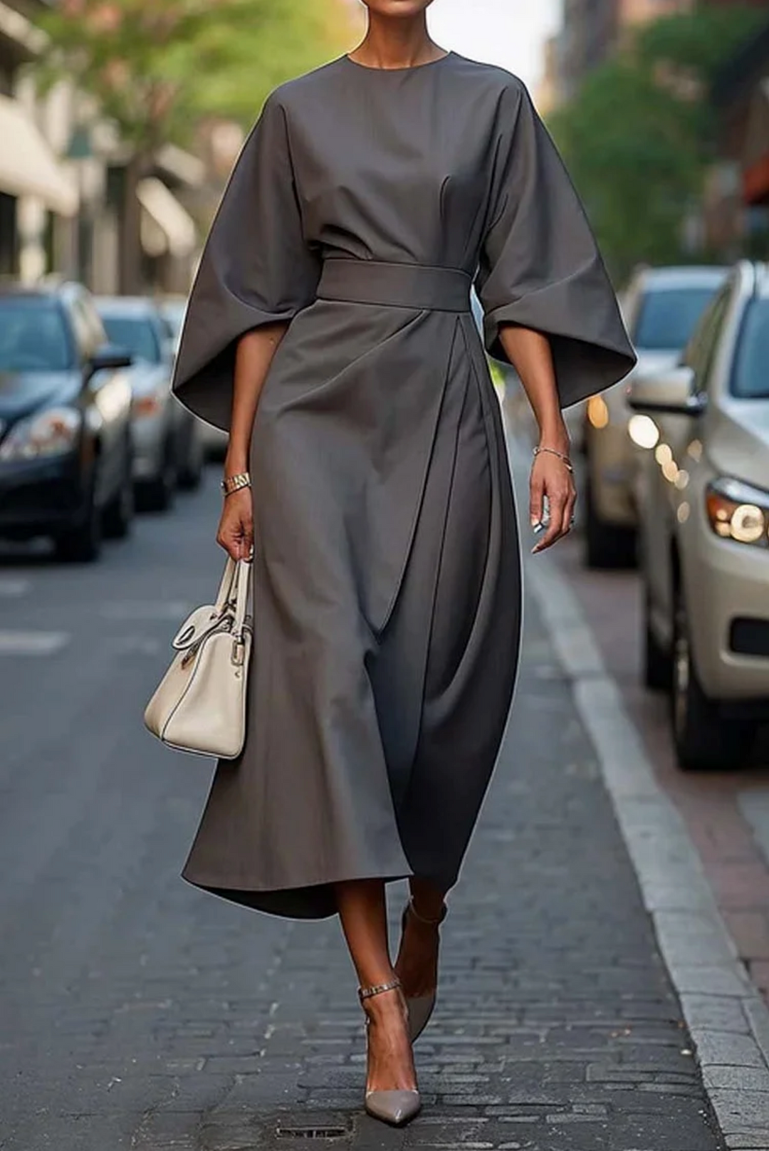 Smart-casual women's midi dress; elegant belt & wide sleeves transition from day to evening events effortlessly.