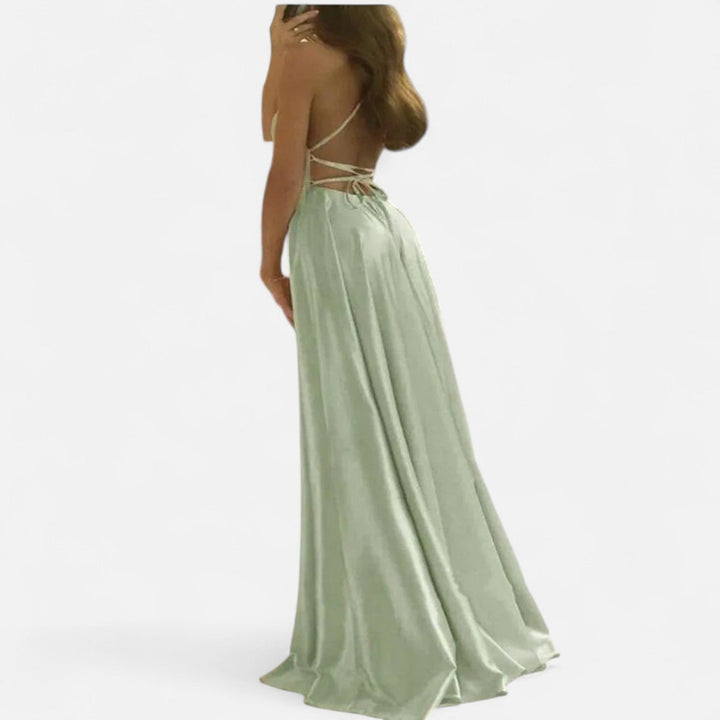 Sophisticated women's satin maxi dress featuring a stylish slit, ideal for formal events and party wear