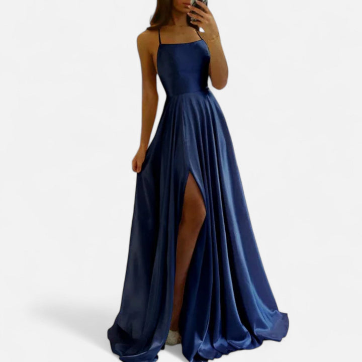 Formal women's wear: luxurious satin maxi dress boasting a contemporary square neck and attractive slit