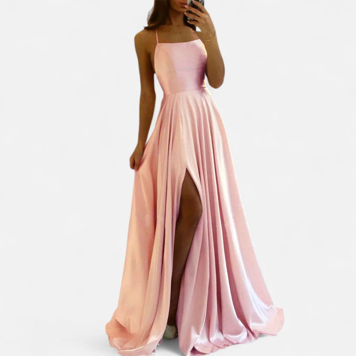 Sleek square neck women's satin maxi dress with a fashionable slit, an elegant choice for evening wear