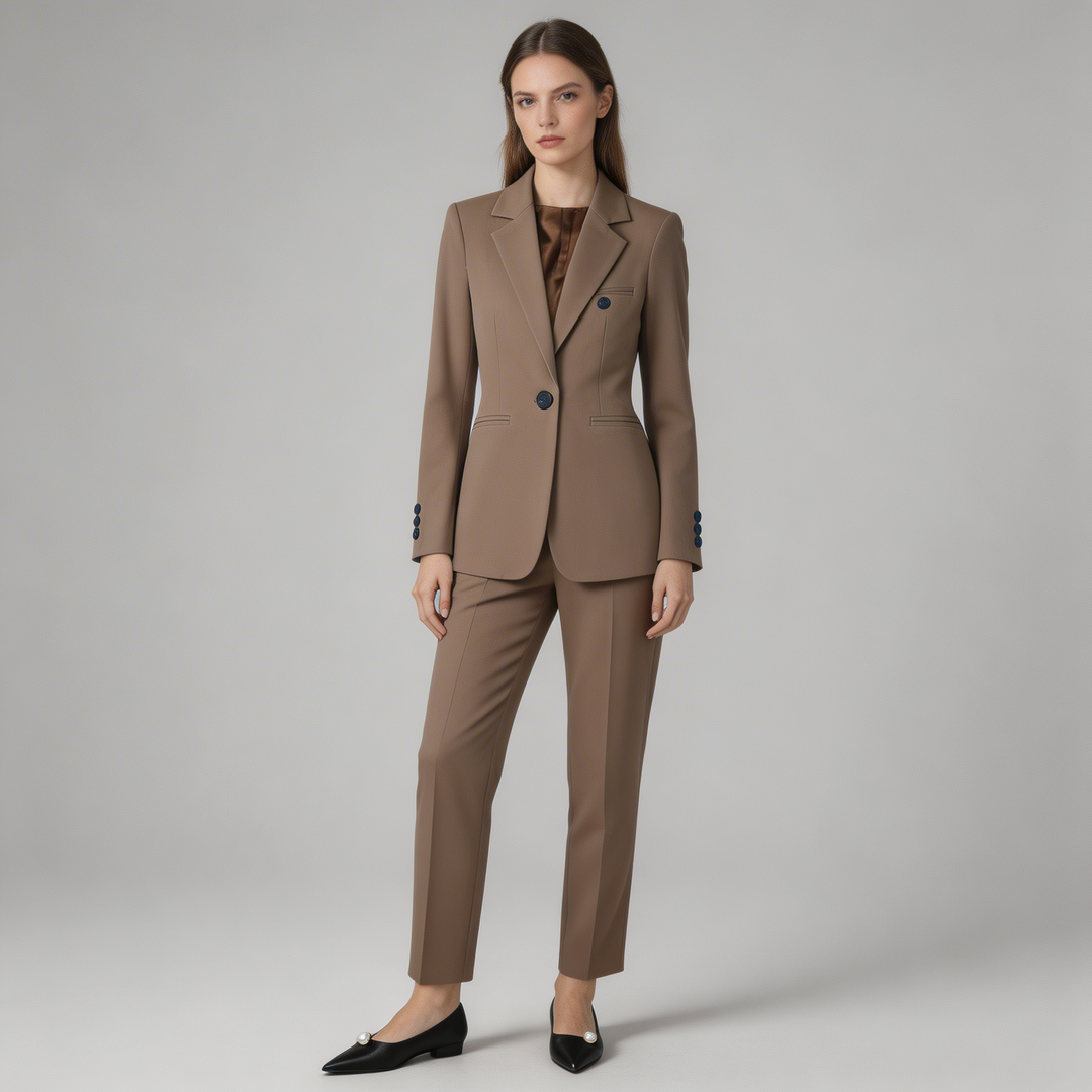 Elegant women's notched lapel blazer & pant set, perfect for professional business or office wear.