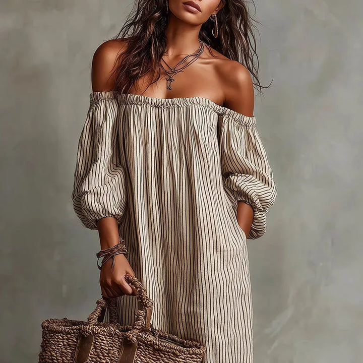 Comfortable women's off-shoulder maxi dress with practical pockets, great for casual summer outings.