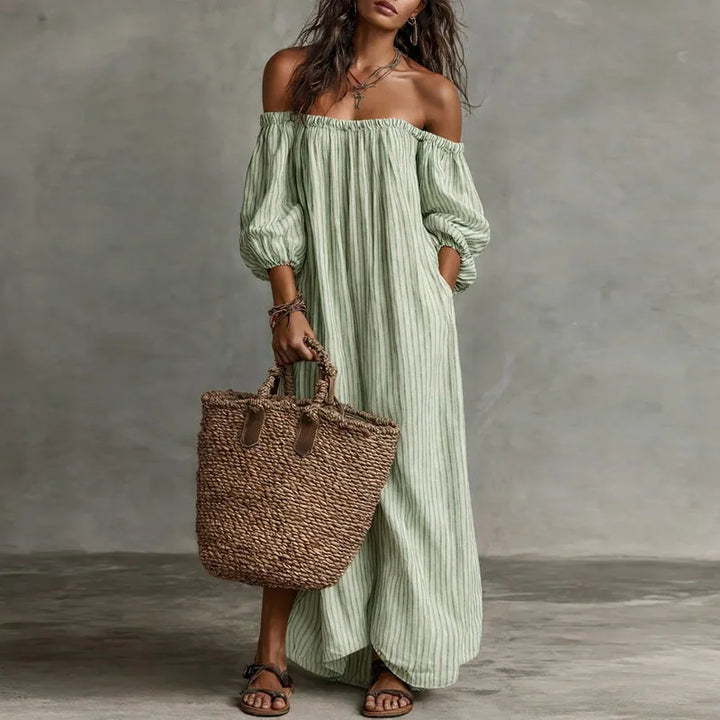 Flowy women's off-shoulder maxi dress, a comfortable and elegant summer dress with pockets.
