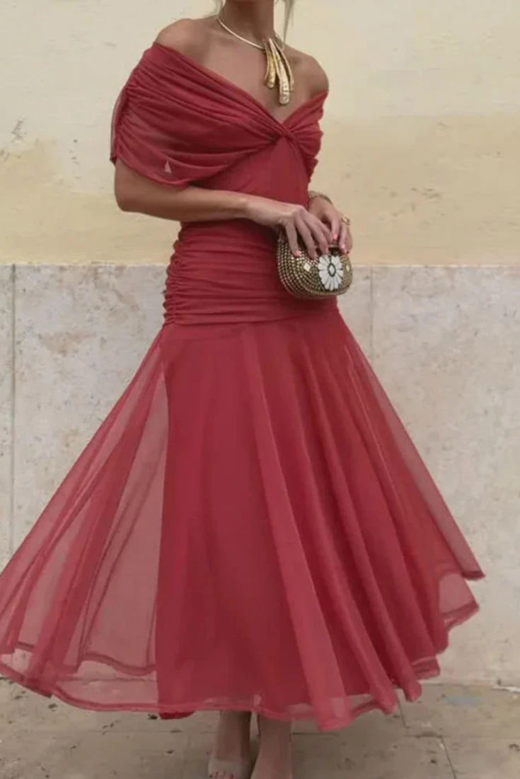 A versatile women's off-shoulder midi dress with a flattering ruched twist front, ideal for any event.
