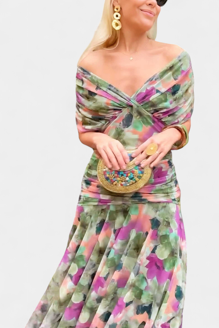 Women's modern off-shoulder midi dress with a chic twist front and flattering ruched details for events.