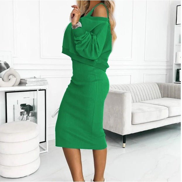 Casual chic two-piece women's outfit with an off-shoulder top and comfortable midi skirt for vacation.