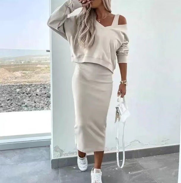 Comfortable women's two-piece set featuring an off-shoulder top and a graceful midi skirt for any occasion.