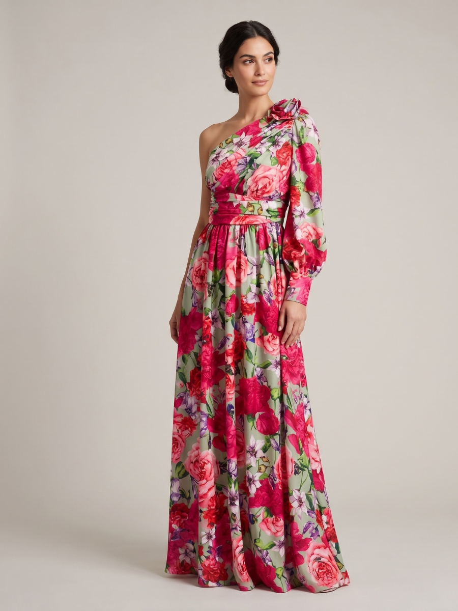 Elegant women's one shoulder floral maxi dress with a sophisticated print, perfect for summer occasions.