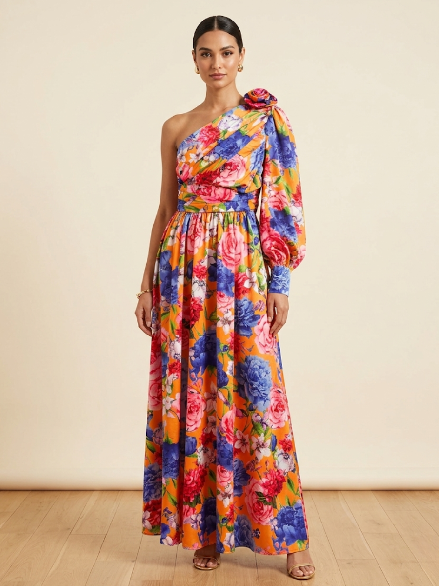 Chic women's one shoulder floral maxi dress, an elegant choice for special occasions and warm weather.