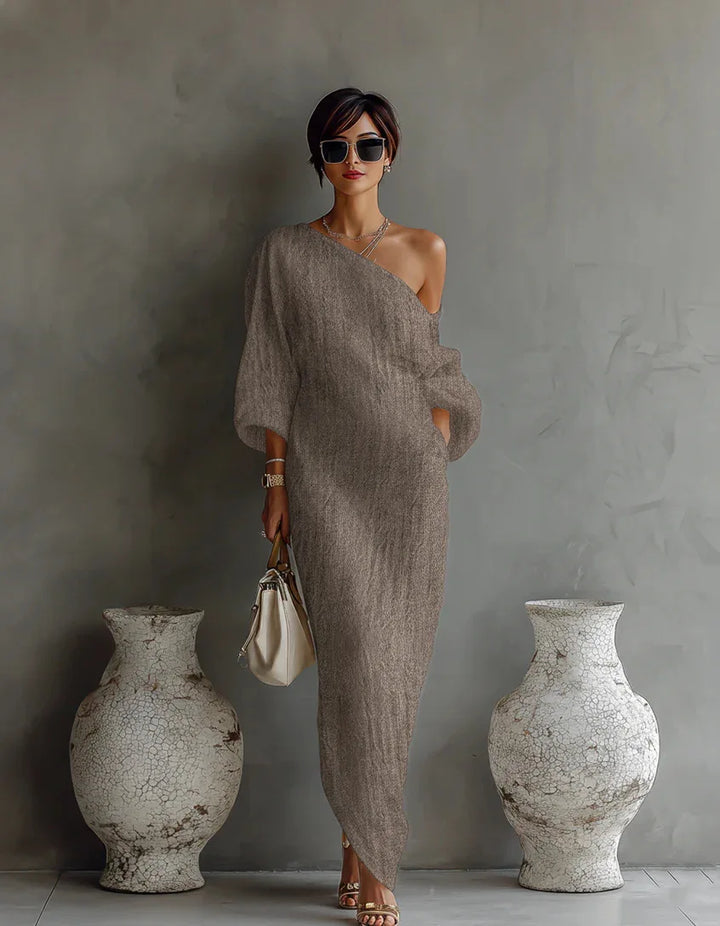 Graceful women's one-shoulder flowy dress, embodying elegant fashion for any casual or party occasion.