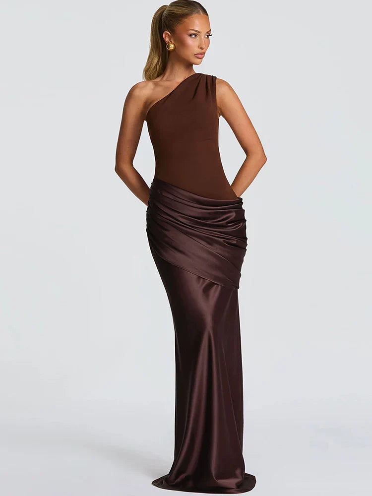 Elegant women's one-shoulder maxi wedding guest dress. Flowy design, perfect for formal evening events & special occasions.