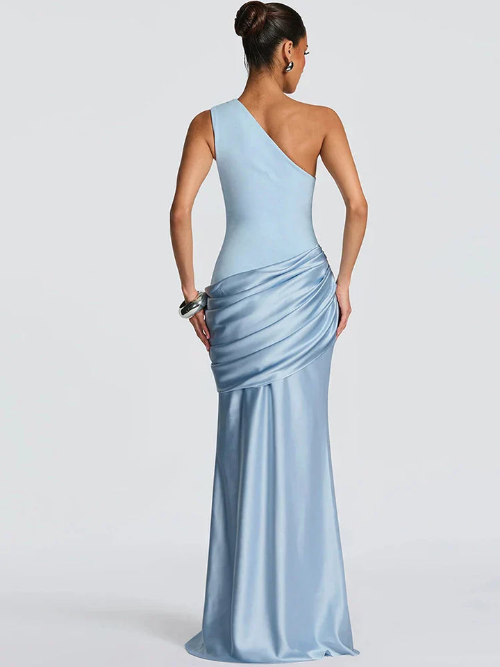 Sophisticated women's one-shoulder maxi dress. Stunning for special occasions, evening wear or as a formal wedding guest outfit.