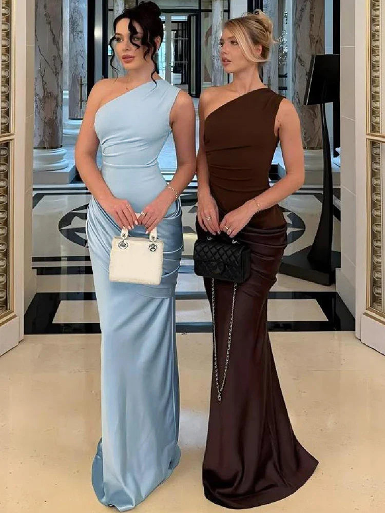 Flowy one-shoulder maxi dress for women, offering elegant comfort for wedding guests, formal celebrations & evening parties.