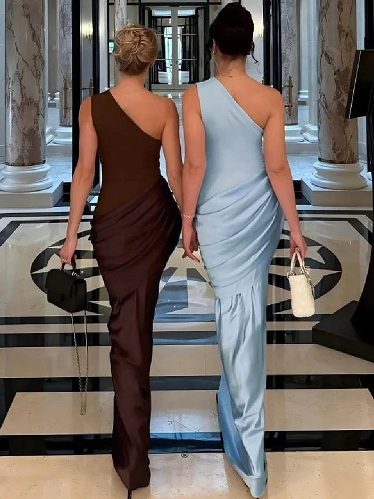 Chic women's one-shoulder maxi dress, versatile for wedding guests, formal events, evening parties & special occasions.