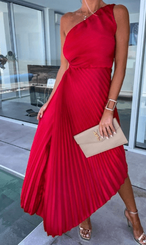 Women's glamorous one shoulder pleated evening gown, a sophisticated choice for formal wear