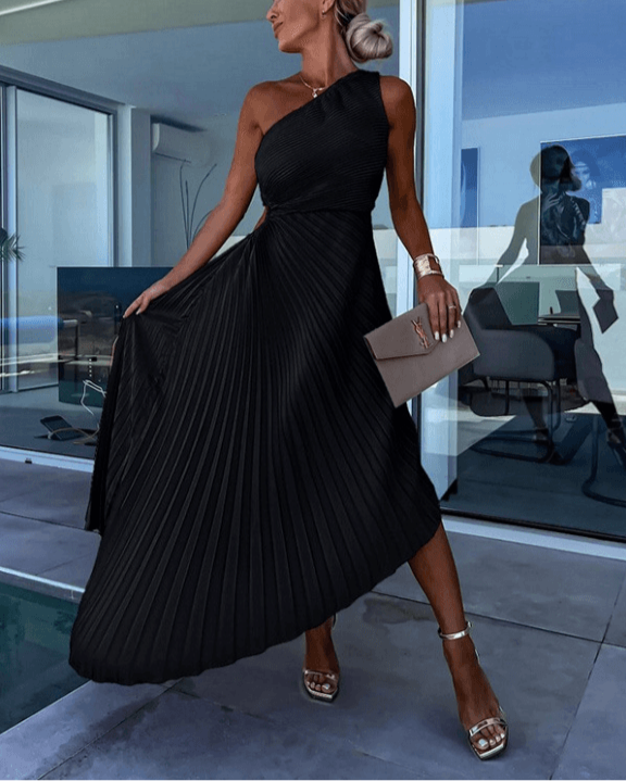 Occasionwear: Women's one shoulder maxi dress featuring delicate pleats for a refined look