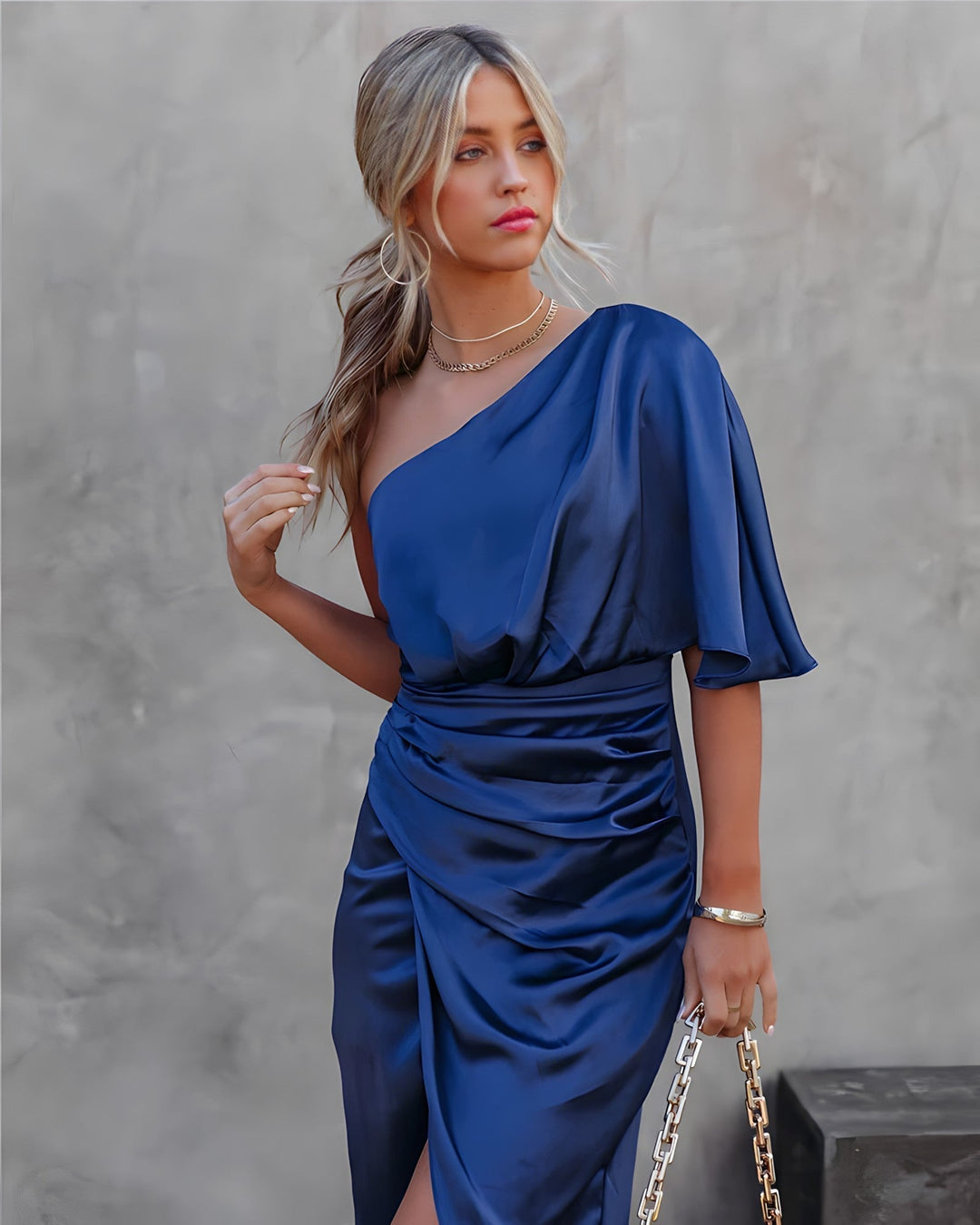 Elegant women's one shoulder wrap midi dress in shimmering satin, perfect for evening wear.