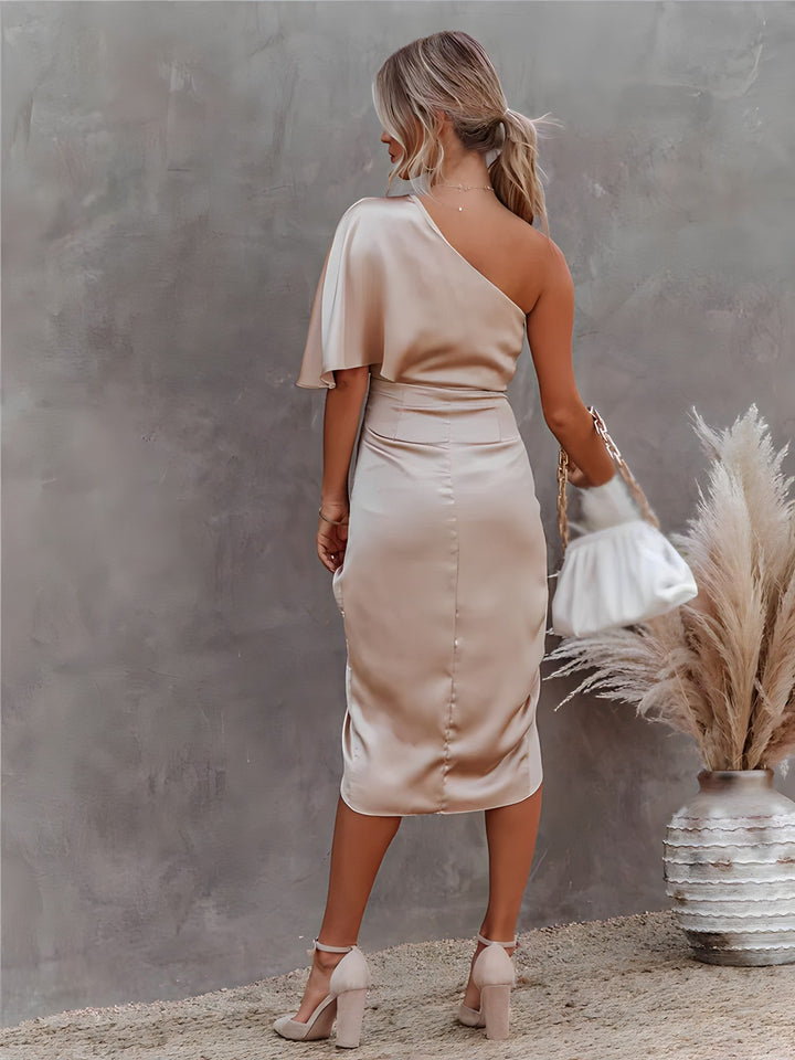 Back view of the women's formal one shoulder wrap midi dress, a sophisticated design.