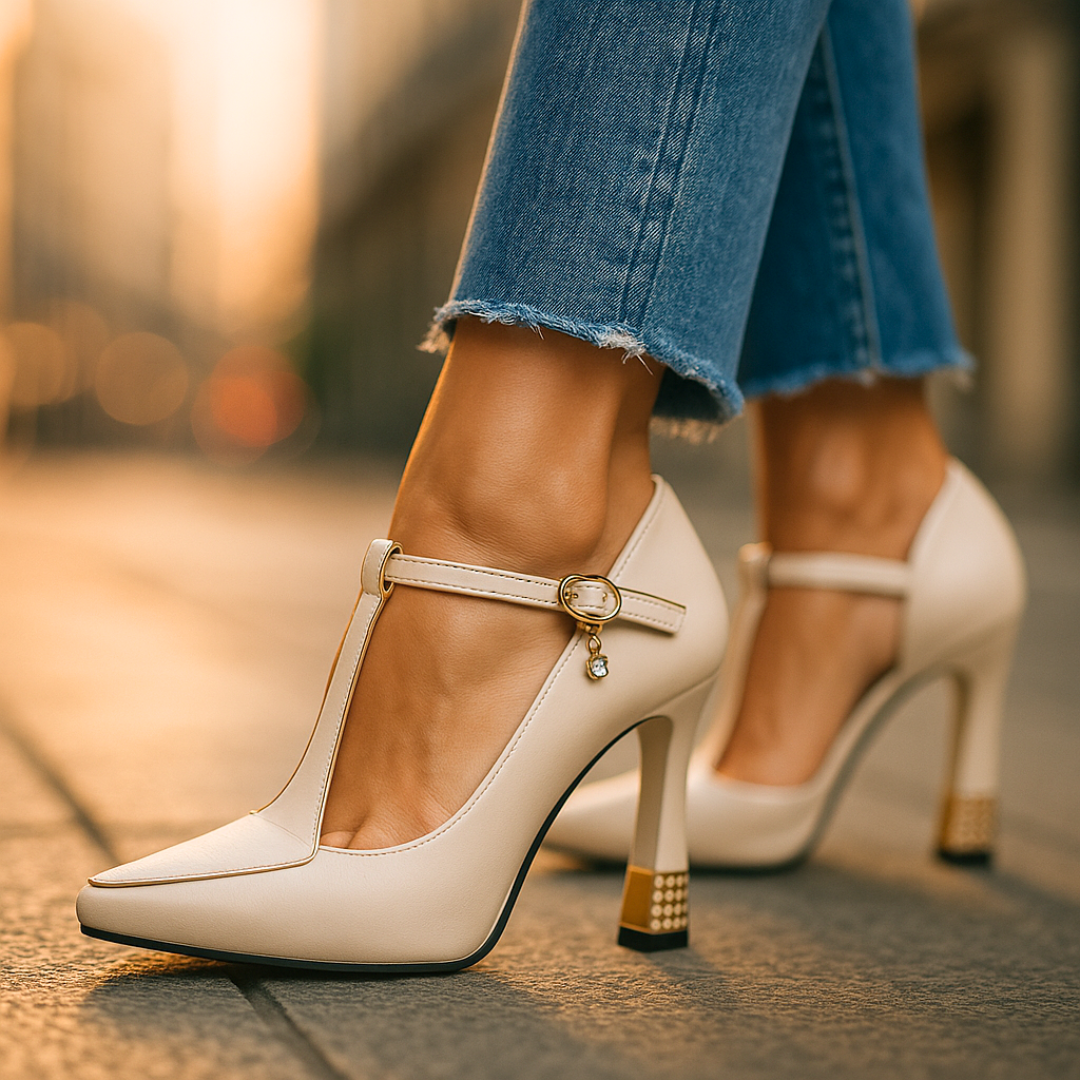 Chic women's orthopedic heels, T-strap, square heel. Comfortable & supportive for stylish all-day wear.