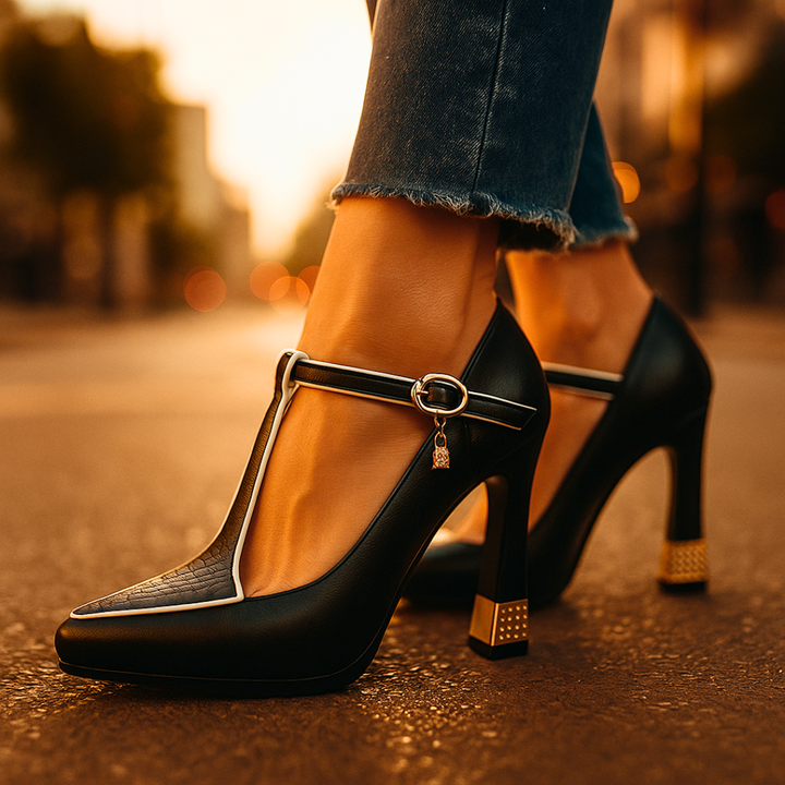 Versatile women's orthopedic T-strap heels with a stylish square heel. Designed for all-day comfort & elegance.