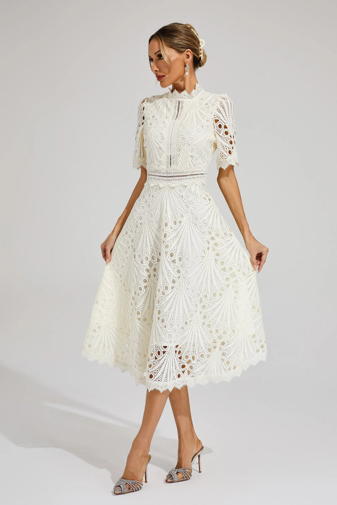 Elegant women's pink lace midi dress, perfect for parties & formal evening wear, chic & stylish