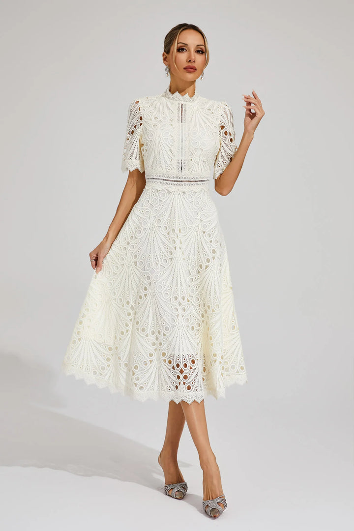 Women's white lace midi dress, versatile for cocktail parties and formal occasions, chic & clean